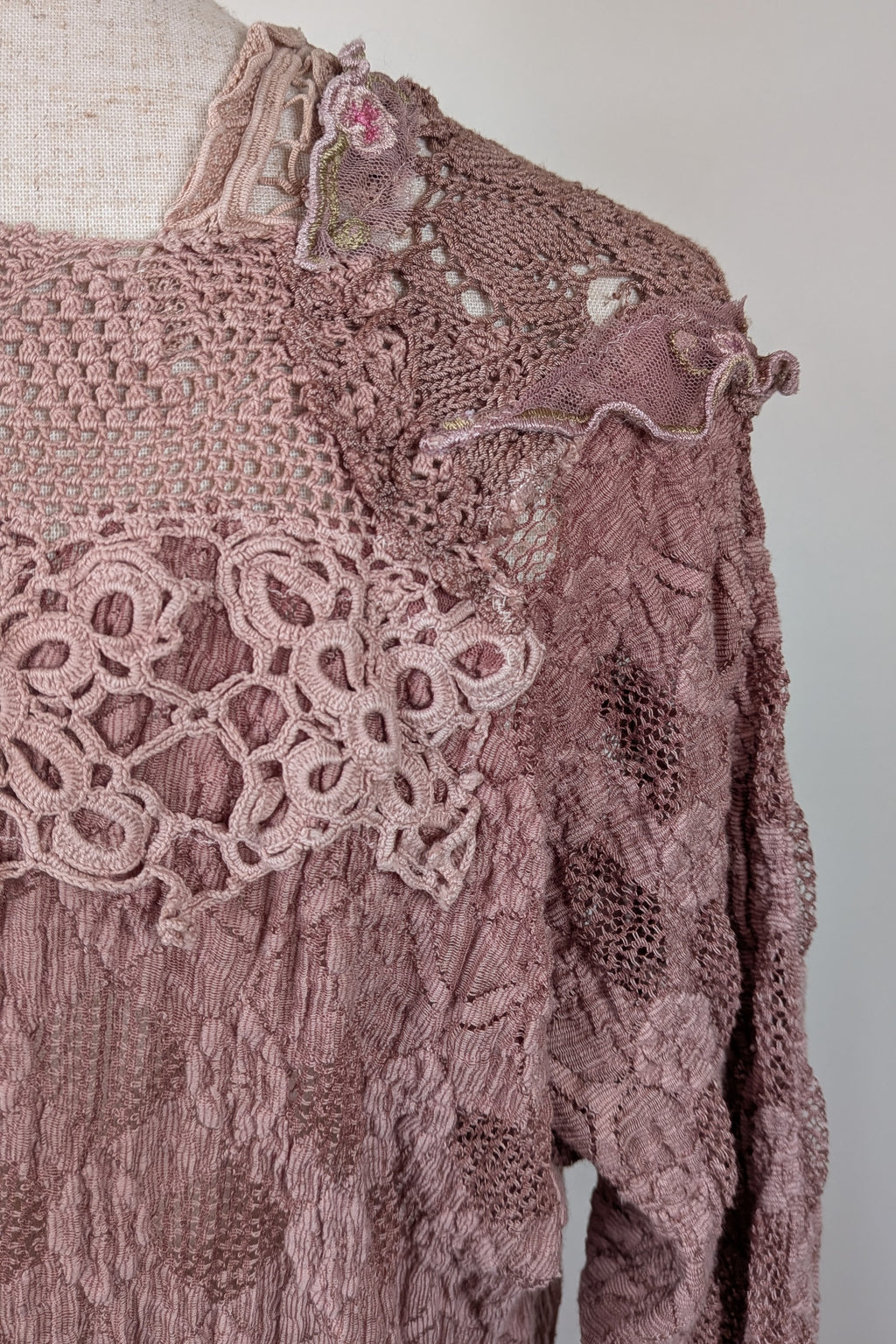 Lace Palace Antique Lace Crochet Pink Fairycore Tunic Top Size S/M