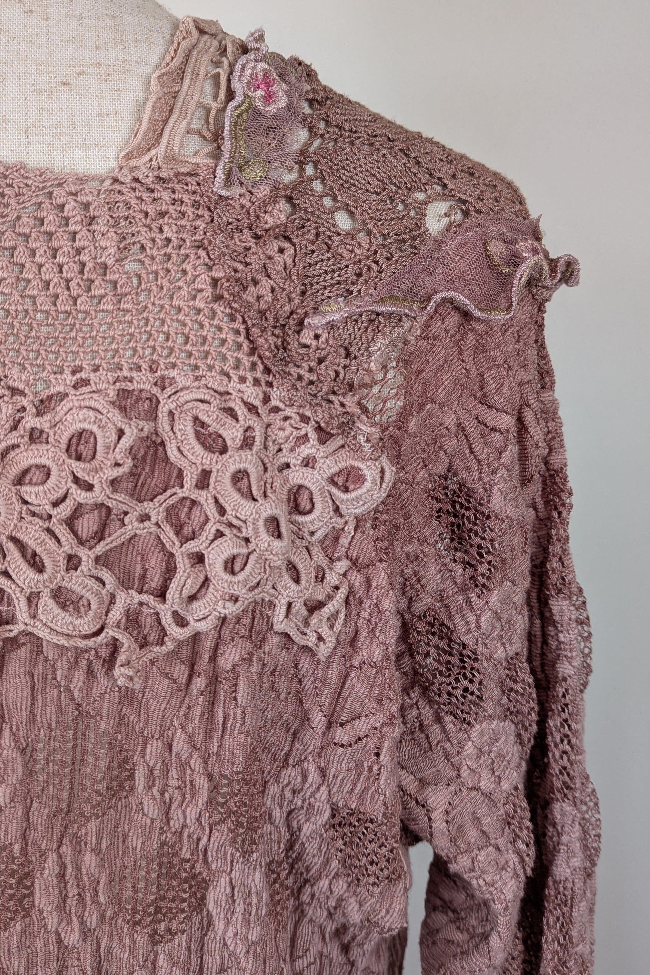 Lace Palace Antique Lace Crochet Pink Fairycore Tunic Top Size S/M