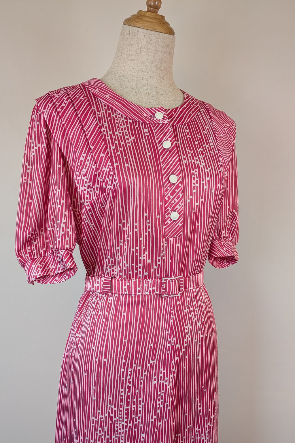 Vintage 80s Debra Fashions Melbourne Pink & White Abstract Pattern Shirtwaister Dress Size 10/12