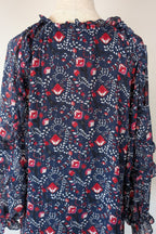 Liz Jordan Designer Collection Frill Trim Lurex Printed Top in Midnight Size 8 BNWT RRP $139.99
