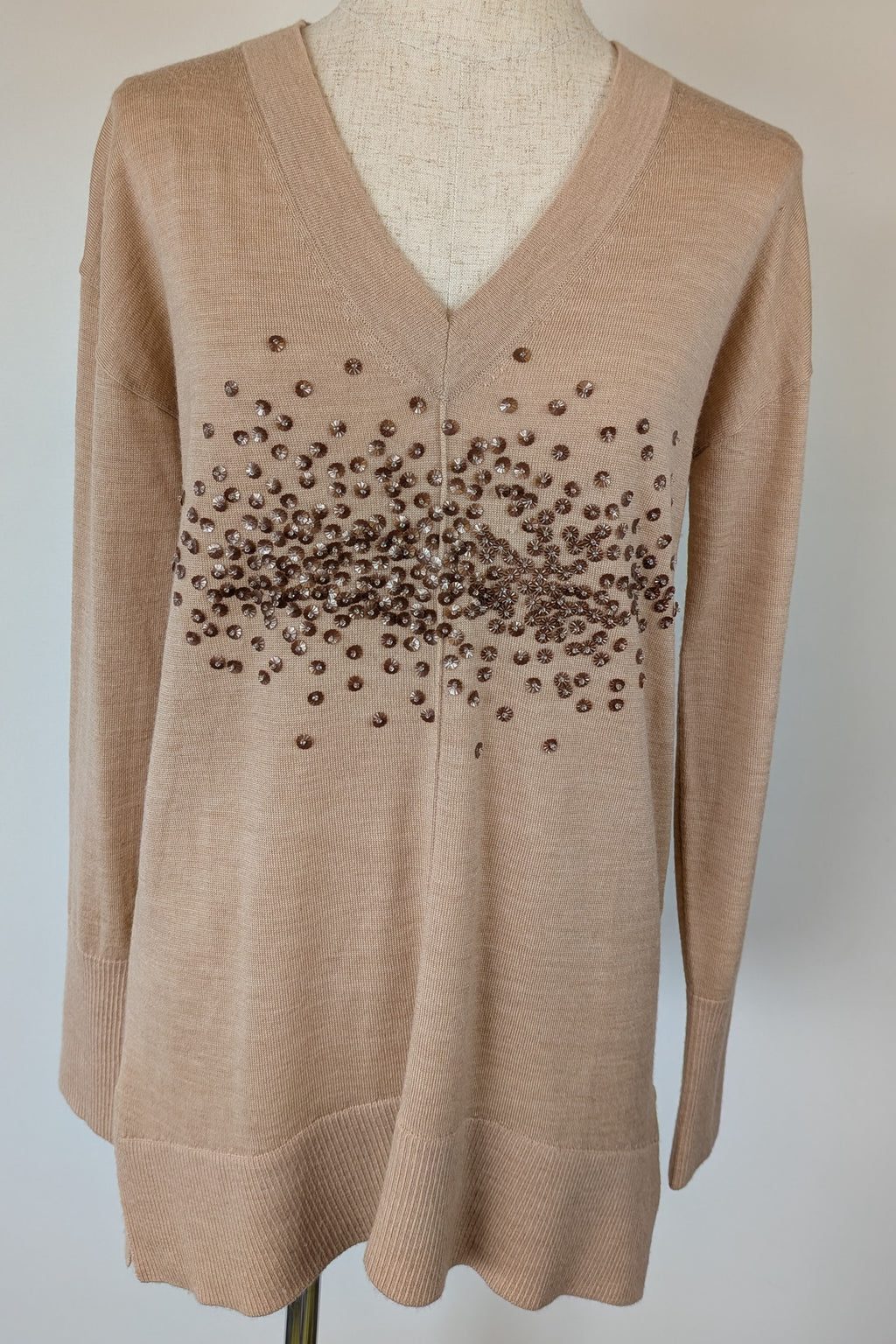 Witchery 100% Merino Wool Champagne Sequin Bead Detail Jumper Size XS