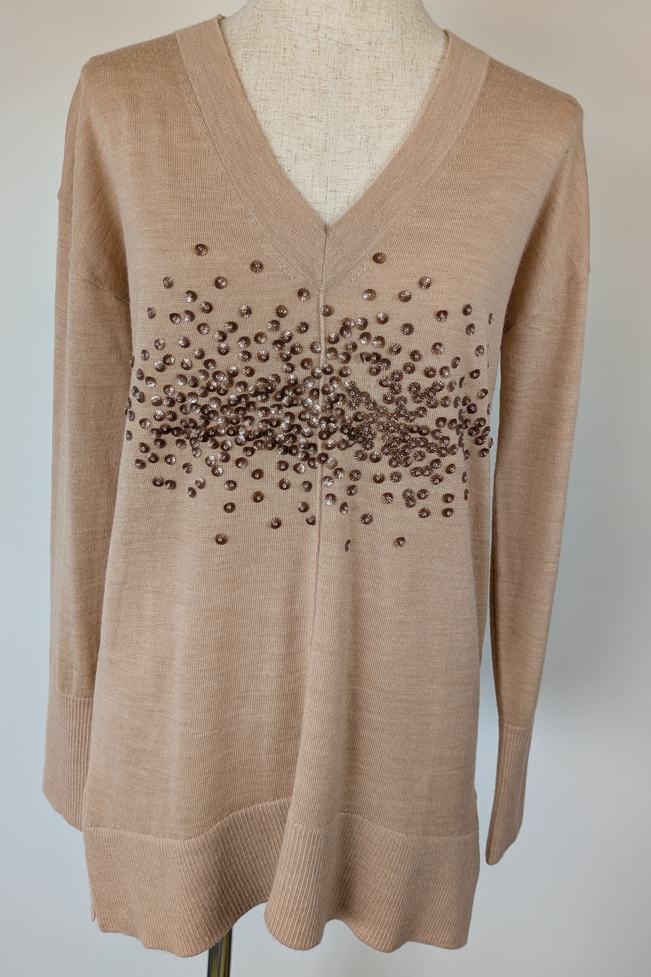 Witchery 100% Merino Wool Champagne Sequin Bead Detail Jumper Size XS