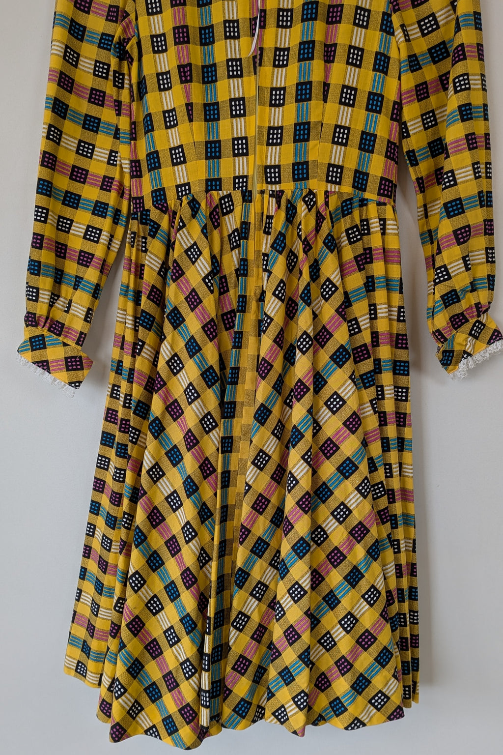Vintage 70s Handmade Yellow Plaid Fit and Flare Midi Dress Size 4