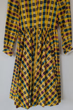Vintage 70s Handmade Yellow Plaid Fit and Flare Midi Dress Size 4