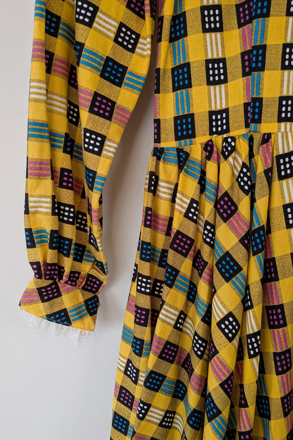Vintage 70s Handmade Yellow Plaid Fit and Flare Midi Dress Size 4