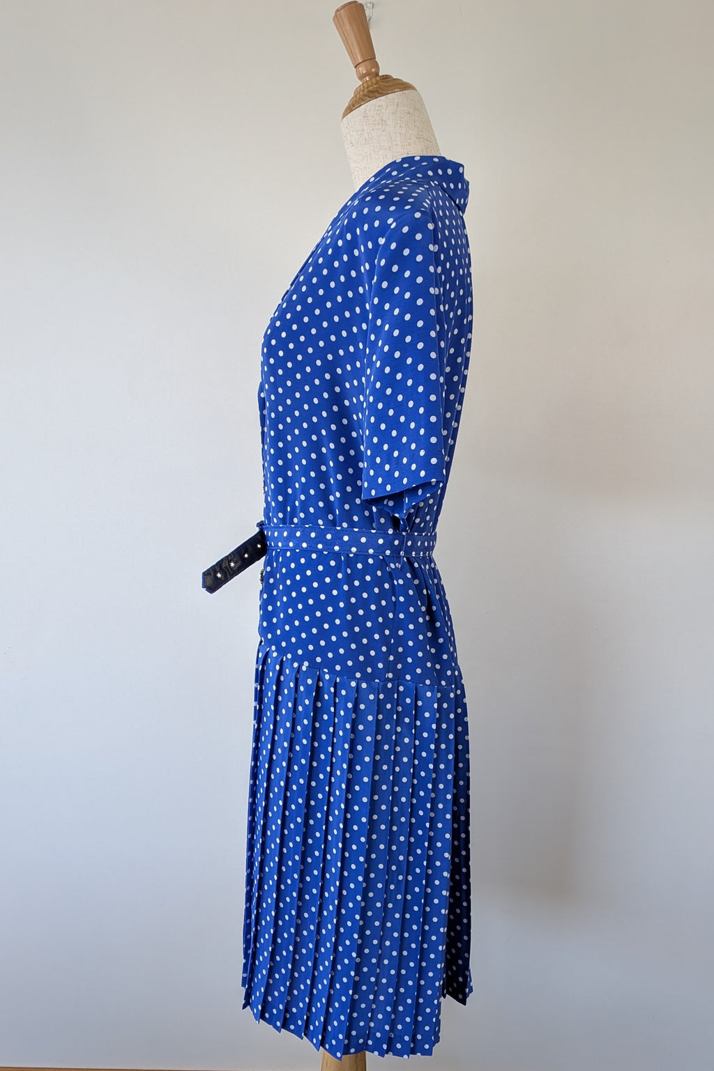 Vintage 80s Today's Classics Blue & White Polka Dot Pleated Tea Dress Size 12