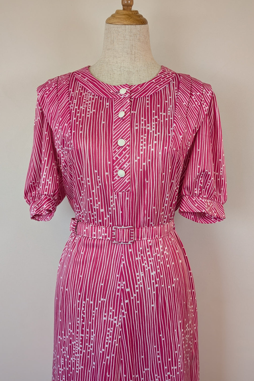 Vintage 80s Debra Fashions Melbourne Pink & White Abstract Pattern Shirtwaister Dress Size 10/12