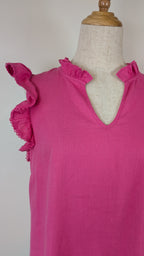 Liz Jordan Ruffle Sleeve Linen Top in Raspberry Rose Size 8 BNWT RRP $89.99