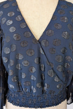 Wayne Cooper Navy Black Polka Dot Pleated Fan Sleeve Wrap Top Size 10