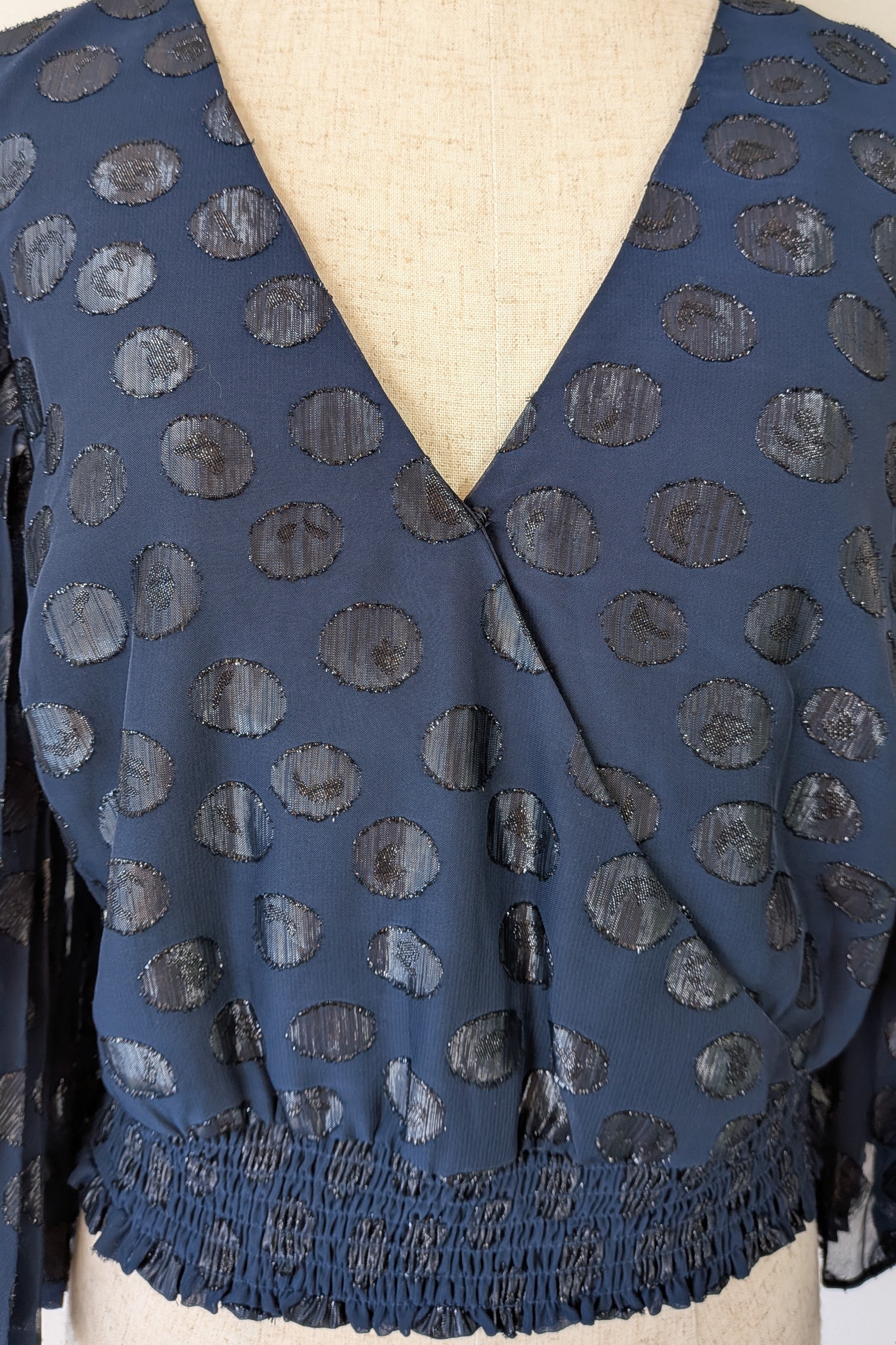 Wayne Cooper Navy Black Polka Dot Pleated Fan Sleeve Wrap Top Size 10