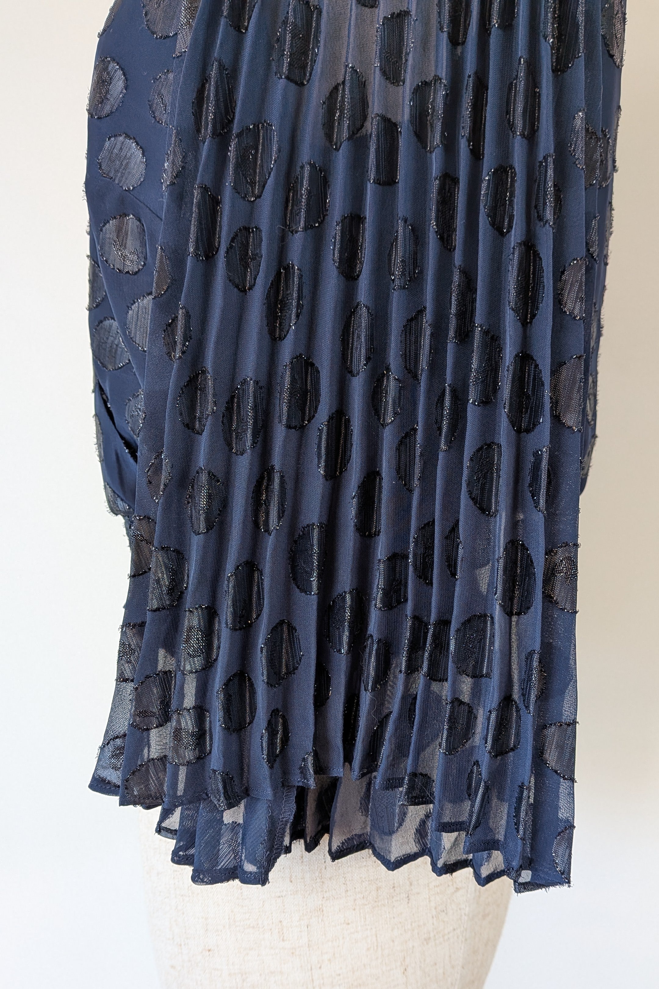 Wayne Cooper Navy Black Polka Dot Pleated Fan Sleeve Wrap Top Size 10