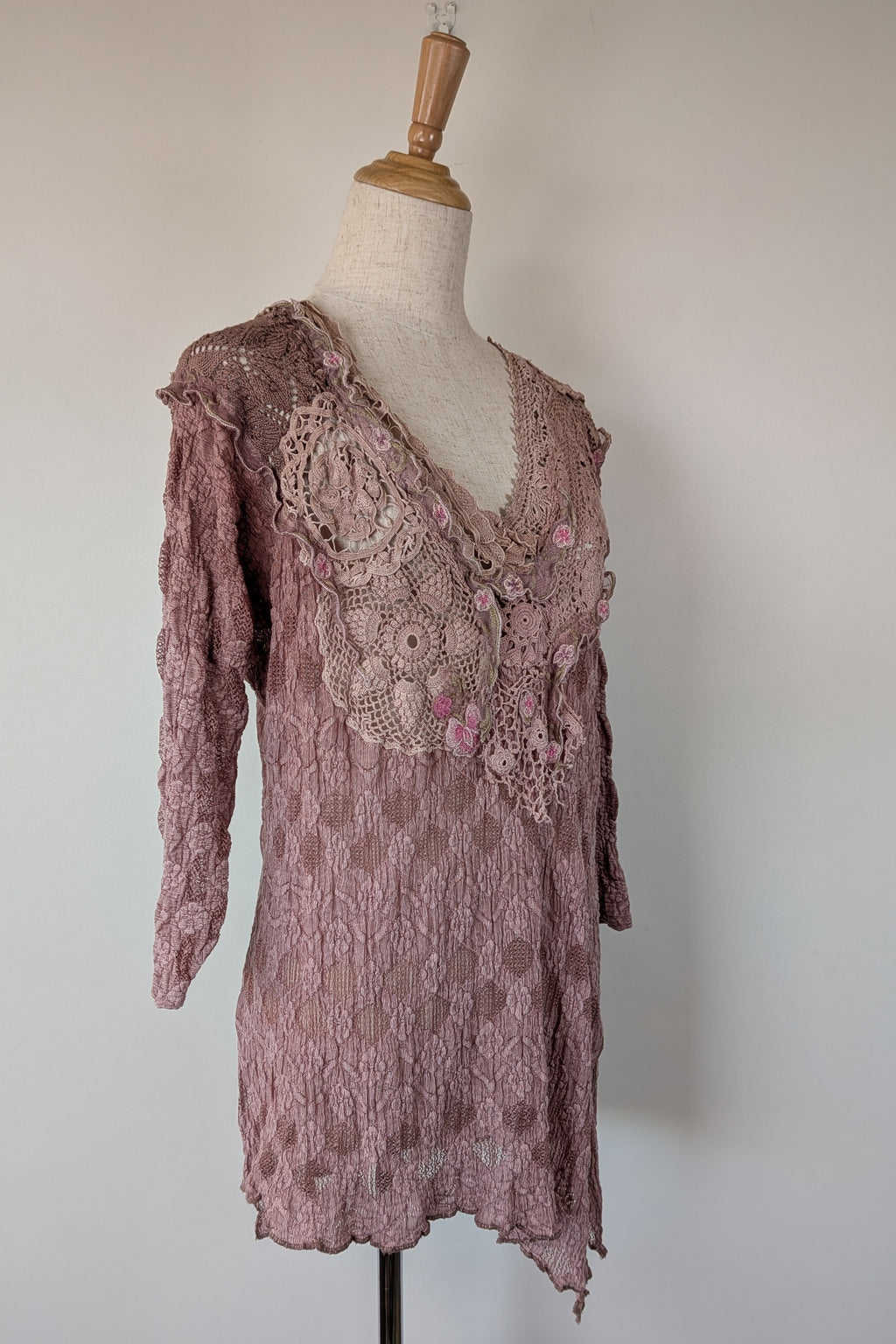 Lace Palace Antique Lace Crochet Pink Fairycore Tunic Top Size S/M
