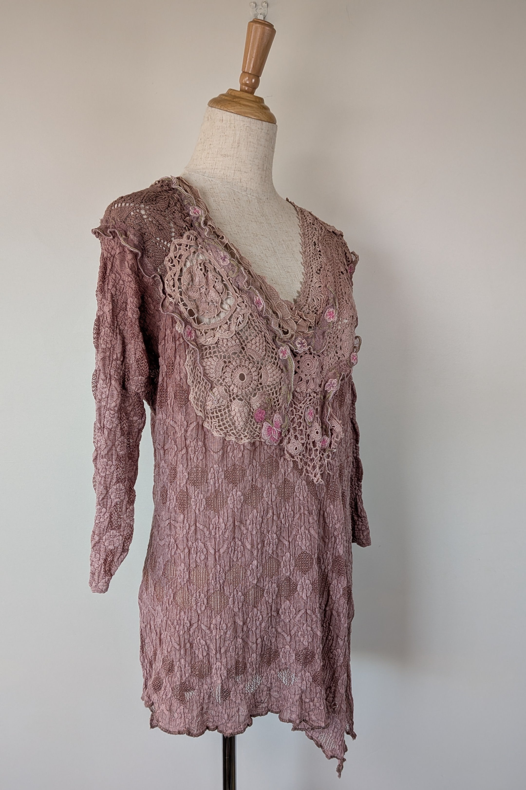 Lace Palace Antique Lace Crochet Pink Fairycore Tunic Top Size S/M