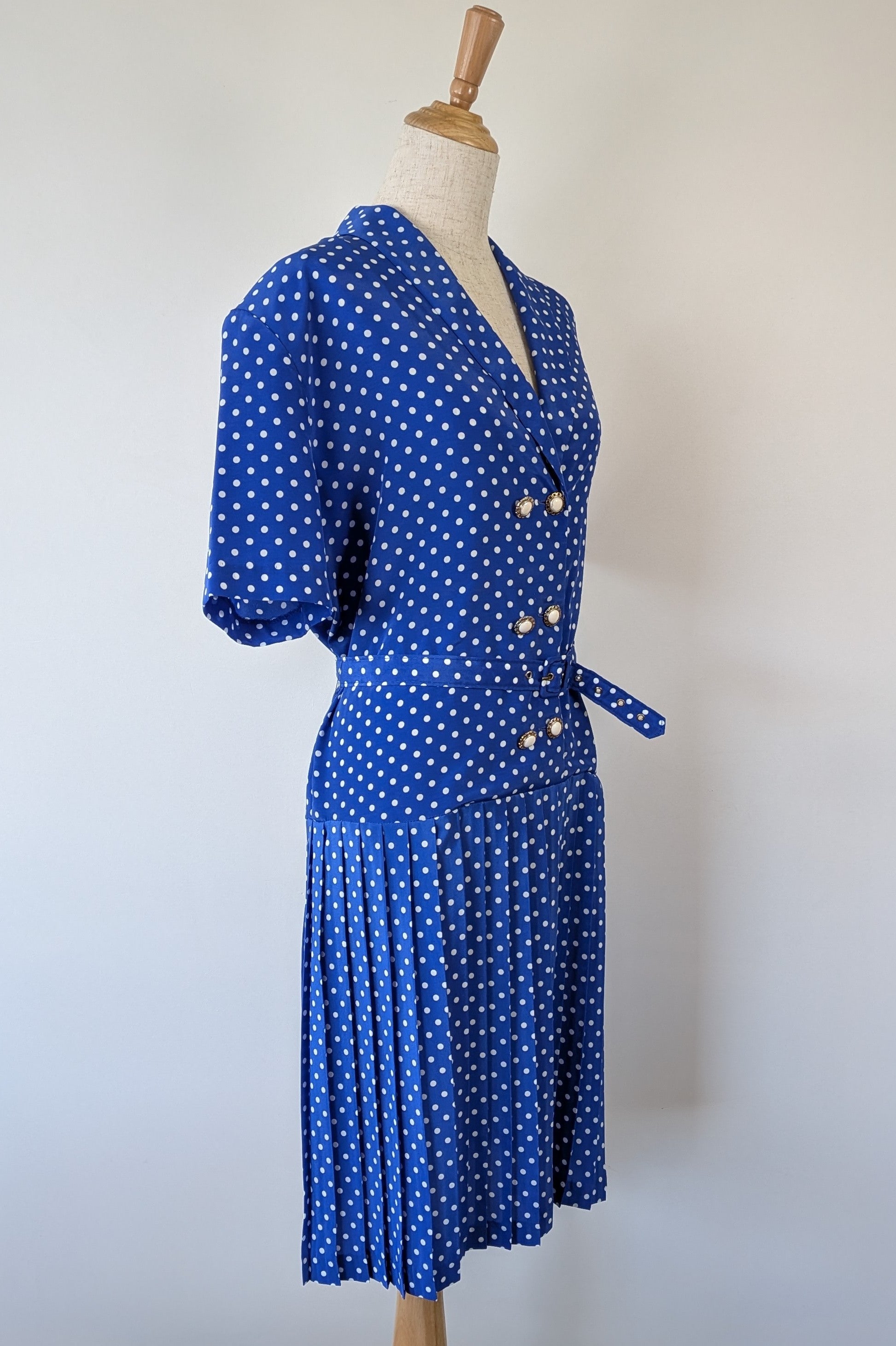 Vintage 80s Today's Classics Blue & White Polka Dot Pleated Tea Dress Size 12