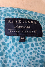 RB Sellars Teal Leopard Print Linen Blend Shirt Size 16
