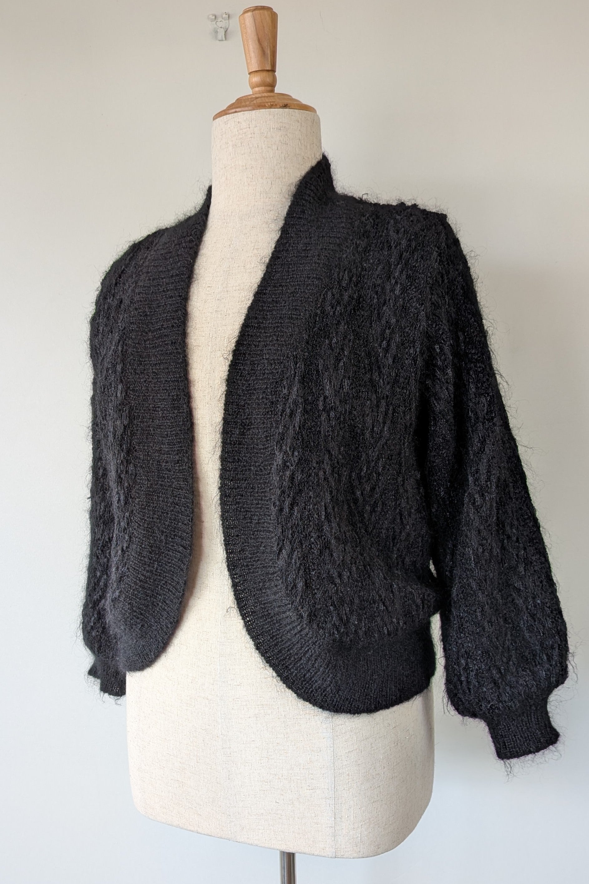 Vintage 80s Bettina Knits Black Wool Blend Bomber Cardigan Size S
