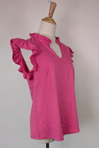 Liz Jordan Ruffle Sleeve Linen Top in Raspberry Rose Size 8 BNWT RRP $89.99