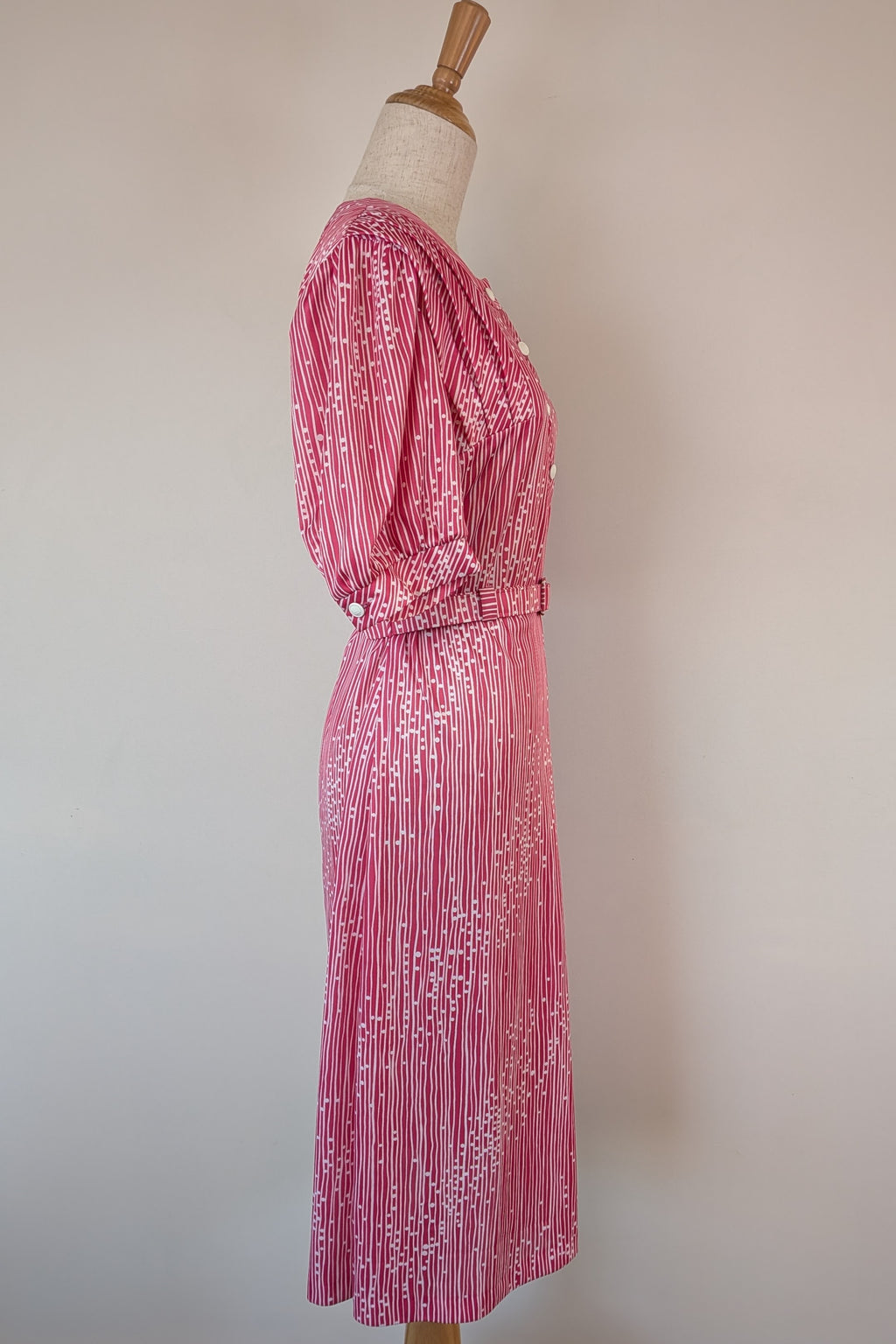 Vintage 80s Debra Fashions Melbourne Pink & White Abstract Pattern Shirtwaister Dress Size 10/12