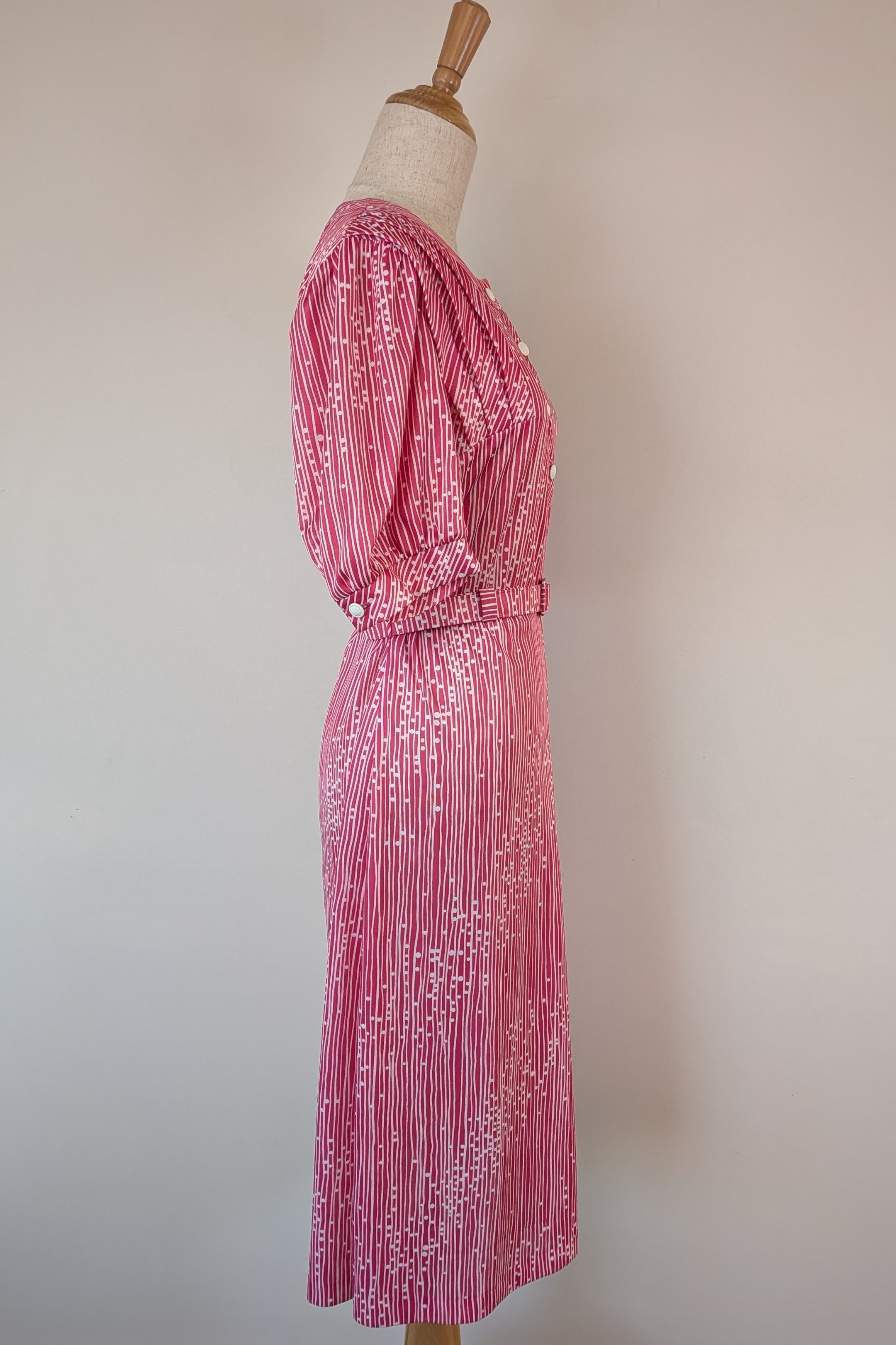 Vintage 80s Debra Fashions Melbourne Pink & White Abstract Pattern Shirtwaister Dress Size 10/12