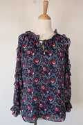 Liz Jordan Designer Collection Frill Trim Lurex Printed Top in Midnight Size 8 BNWT RRP $139.99