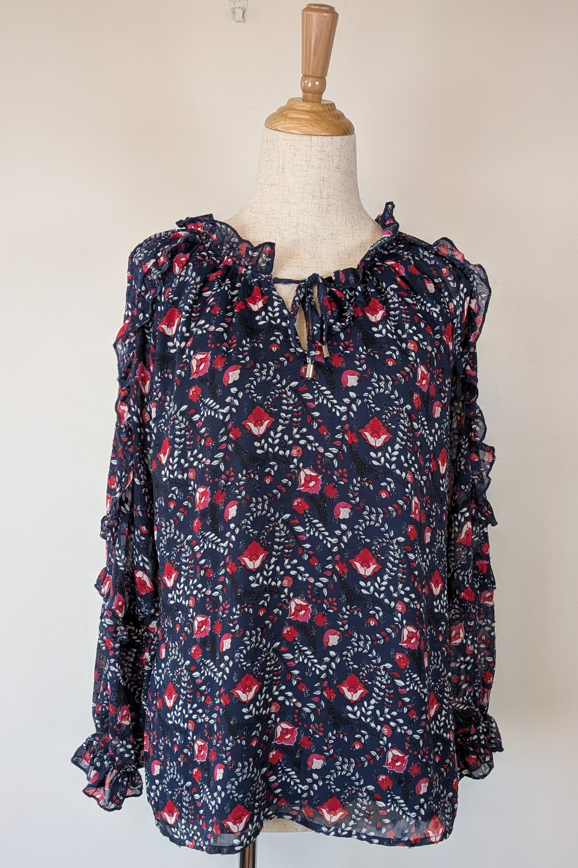 Liz Jordan Frill Trim Lurex Printed Top in Midnight Size 8 Brand New With Tags RRP $139.99