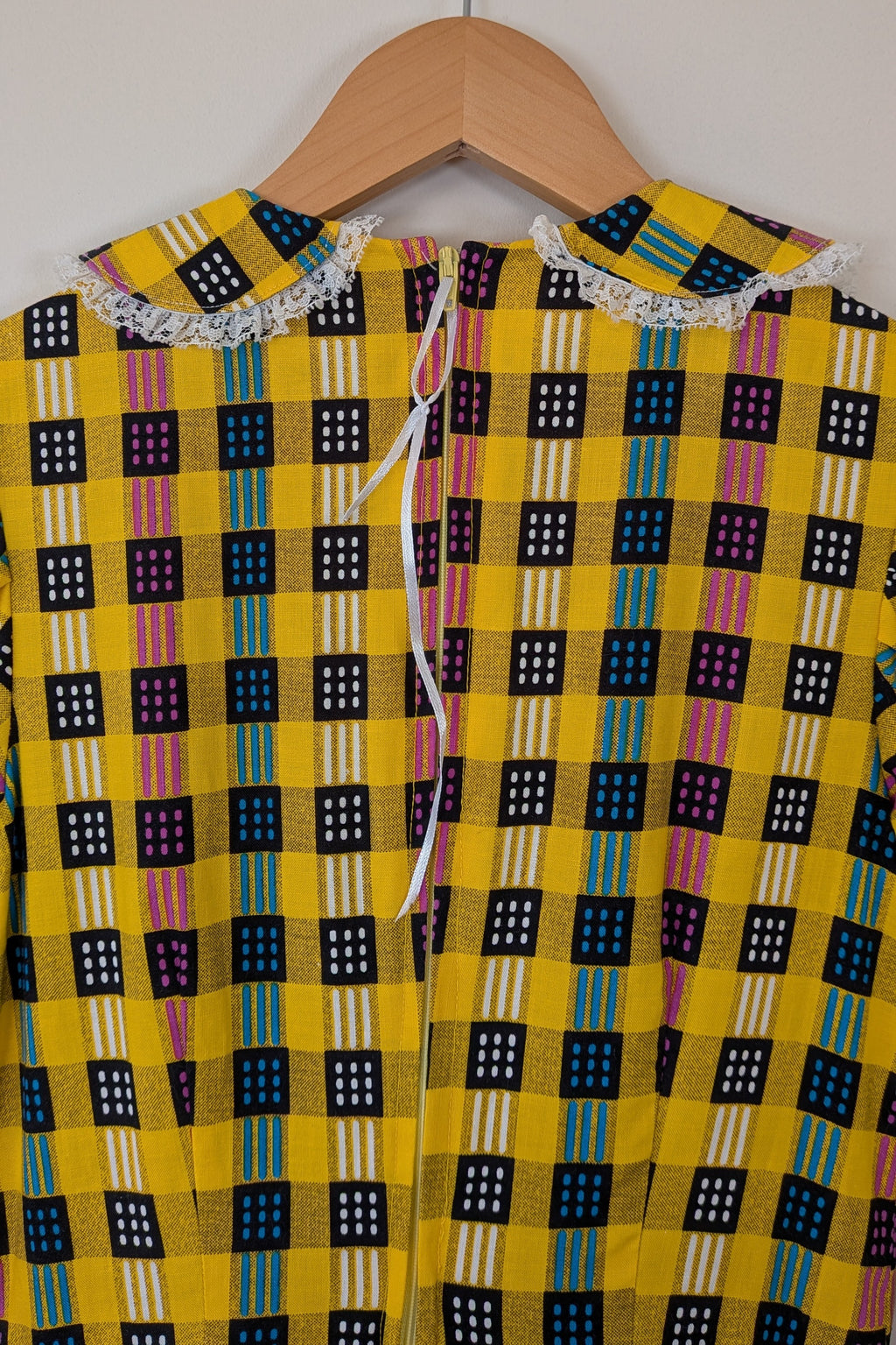 Vintage 70s Handmade Yellow Plaid Fit and Flare Midi Dress Size 4