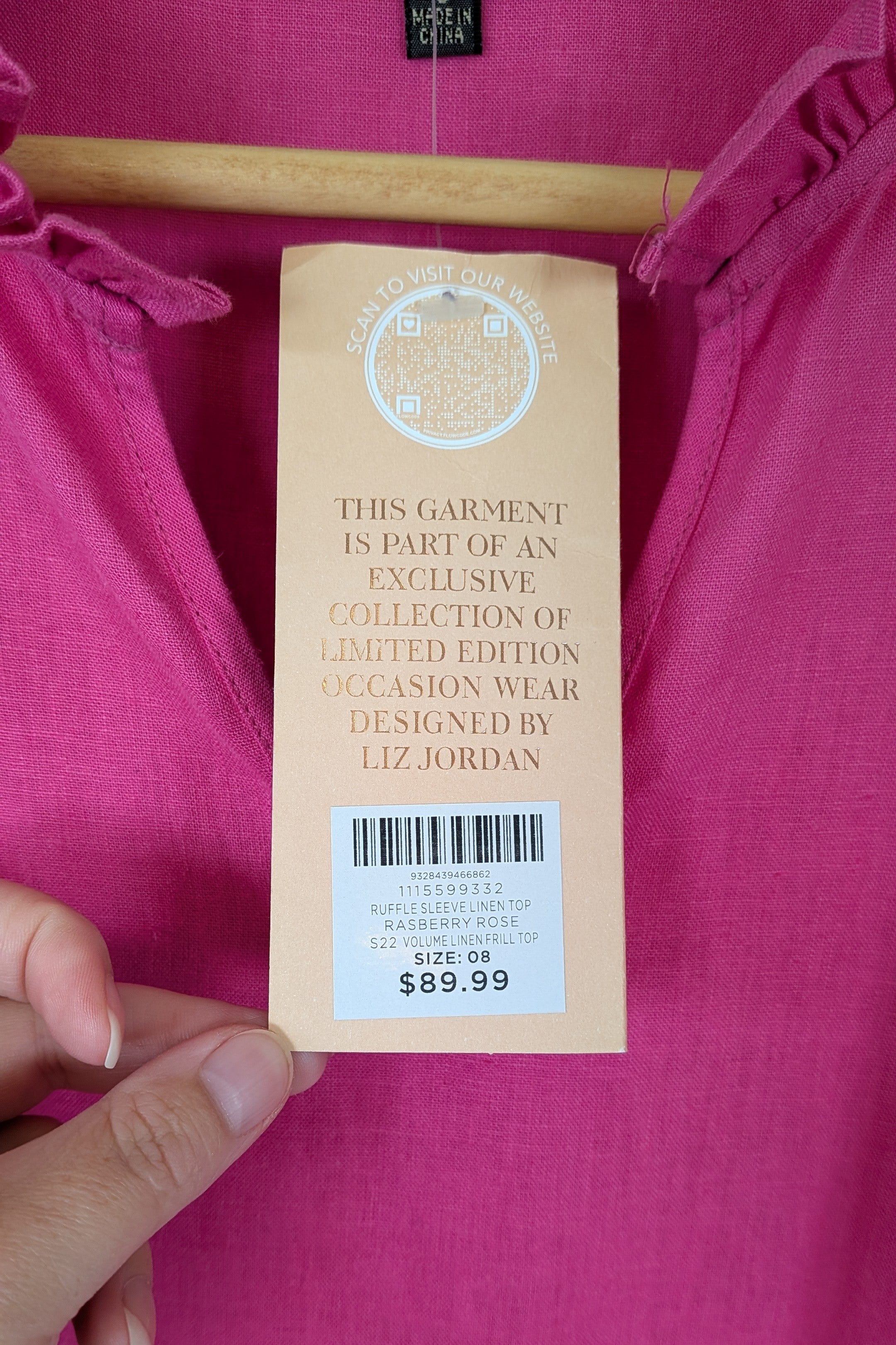 Liz Jordan Ruffle Sleeve Linen Top in Raspberry Rose Size 8 BNWT RRP $89.99