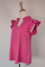Liz Jordan Ruffle Sleeve Linen Top in Raspberry Rose Size 8 BNWT RRP $89.99