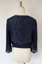 Wayne Cooper Navy Black Polka Dot Pleated Fan Sleeve Wrap Top Size 10
