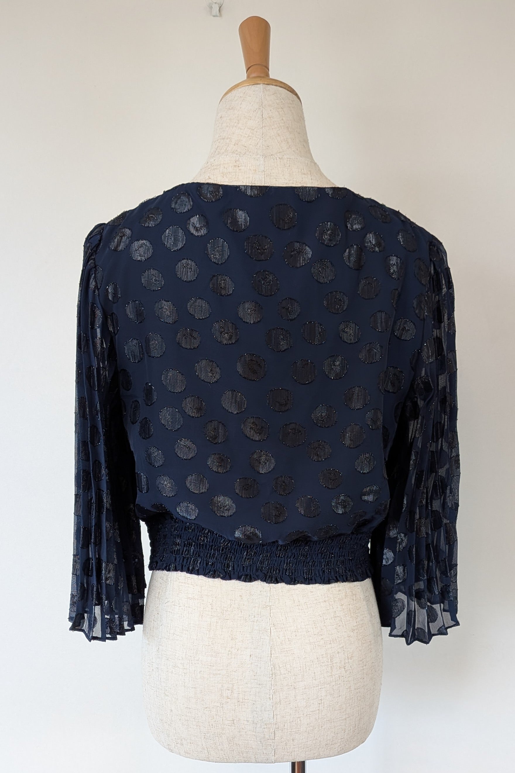 Wayne Cooper Navy Black Polka Dot Pleated Fan Sleeve Wrap Top Size 10