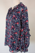 Liz Jordan Designer Collection Frill Trim Lurex Printed Top in Midnight Size 8 BNWT RRP $139.99