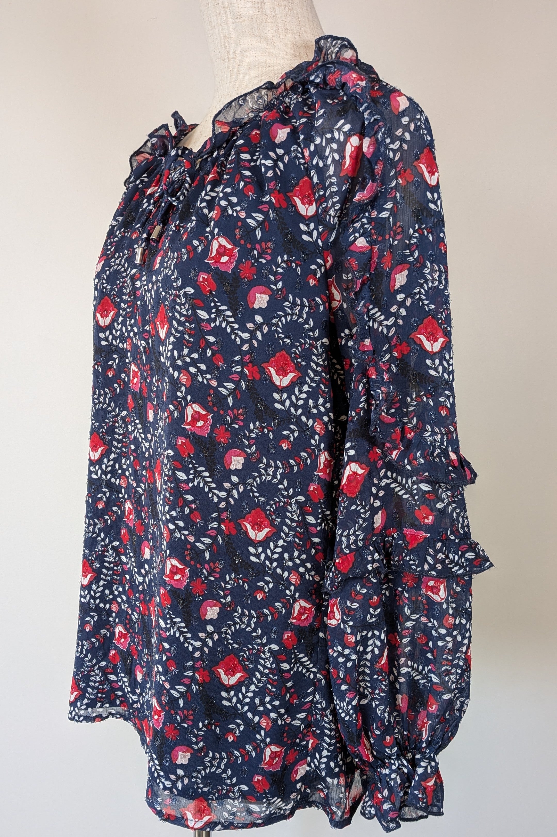 Liz Jordan Designer Collection Frill Trim Lurex Printed Top in Midnight Size 8 BNWT RRP $139.99