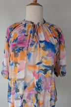 Blue Illusion Painterly Floral Print Peasant Shirt Size L