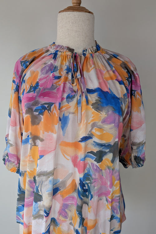 Blue Illusion Painterly Floral Print Peasant Shirt Size L