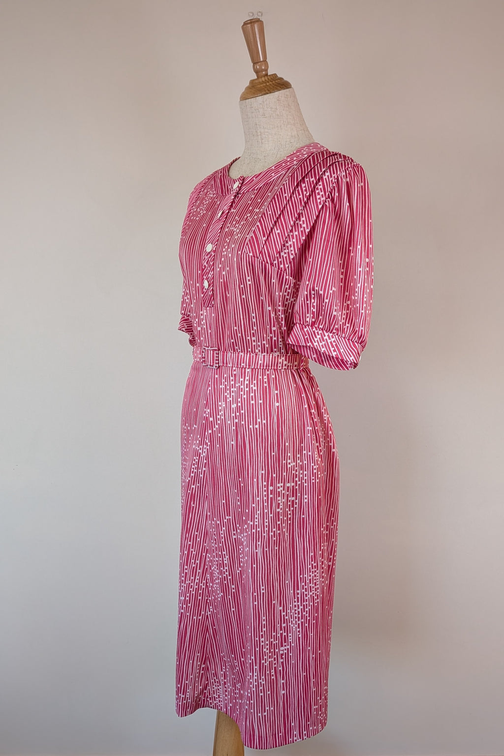 Vintage 80s Debra Fashions Melbourne Pink & White Abstract Pattern Shirtwaister Dress Size 10/12