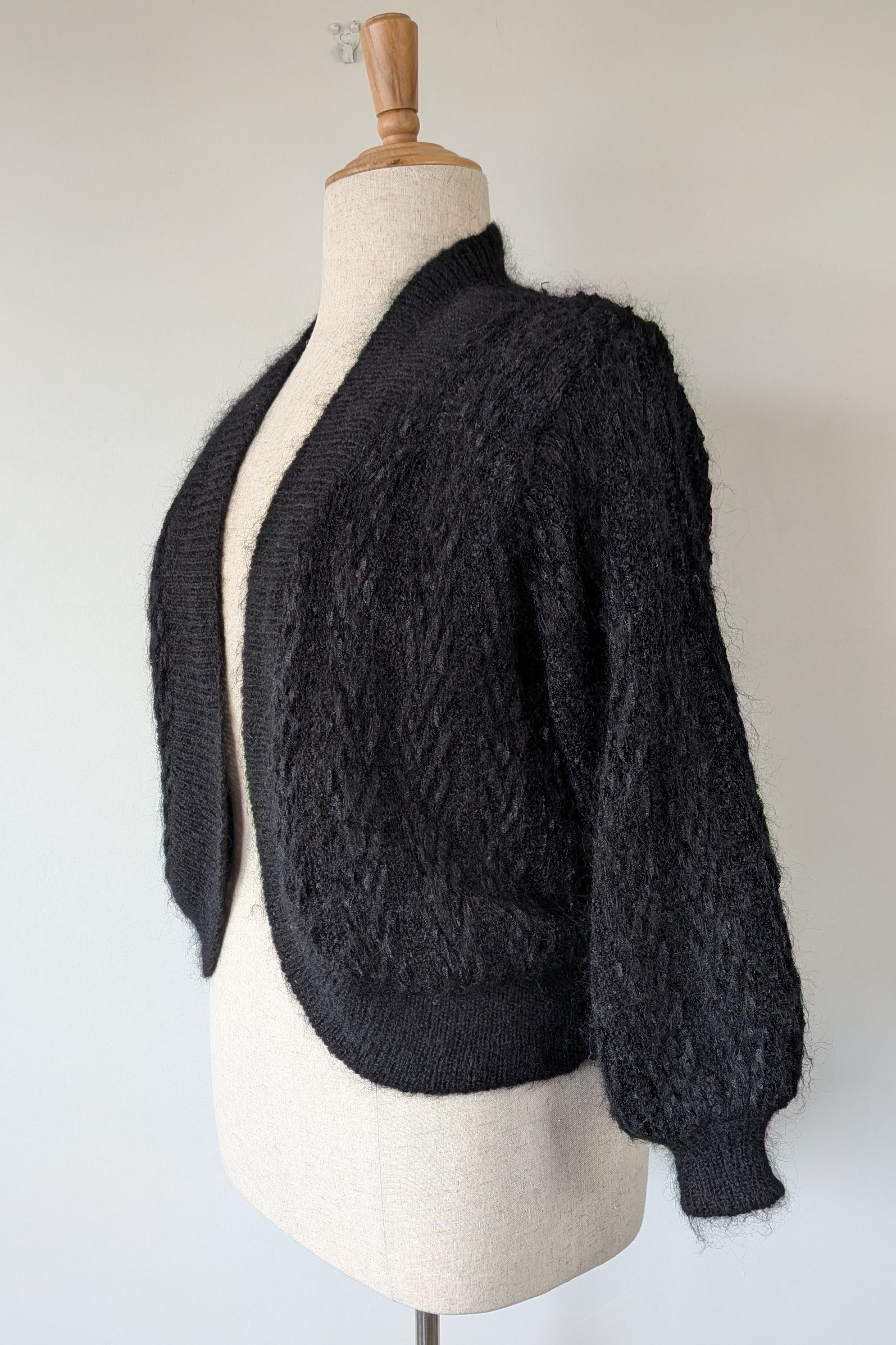 Vintage 80s Bettina Knits Black Wool Blend Bomber Cardigan Size S