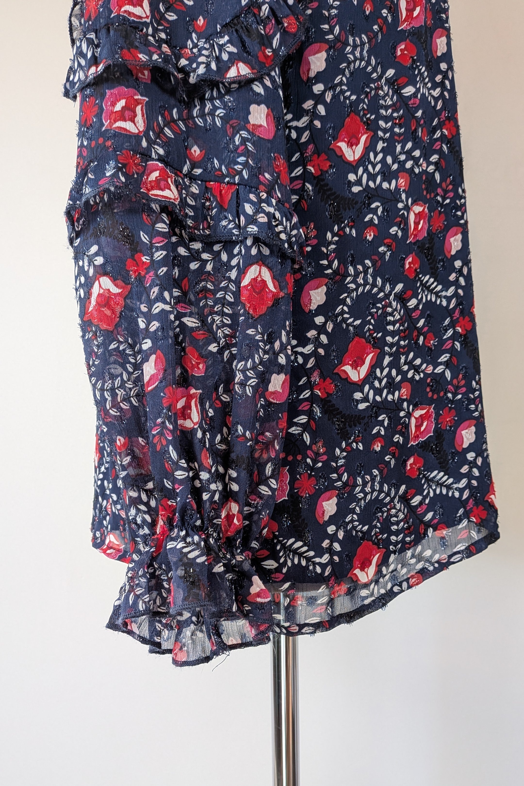 Liz Jordan Designer Collection Frill Trim Lurex Printed Top in Midnight Size 8 BNWT RRP $139.99