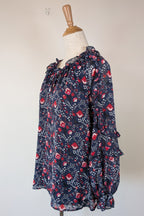 Liz Jordan Designer Collection Frill Trim Lurex Printed Top in Midnight Size 8 BNWT RRP $139.99
