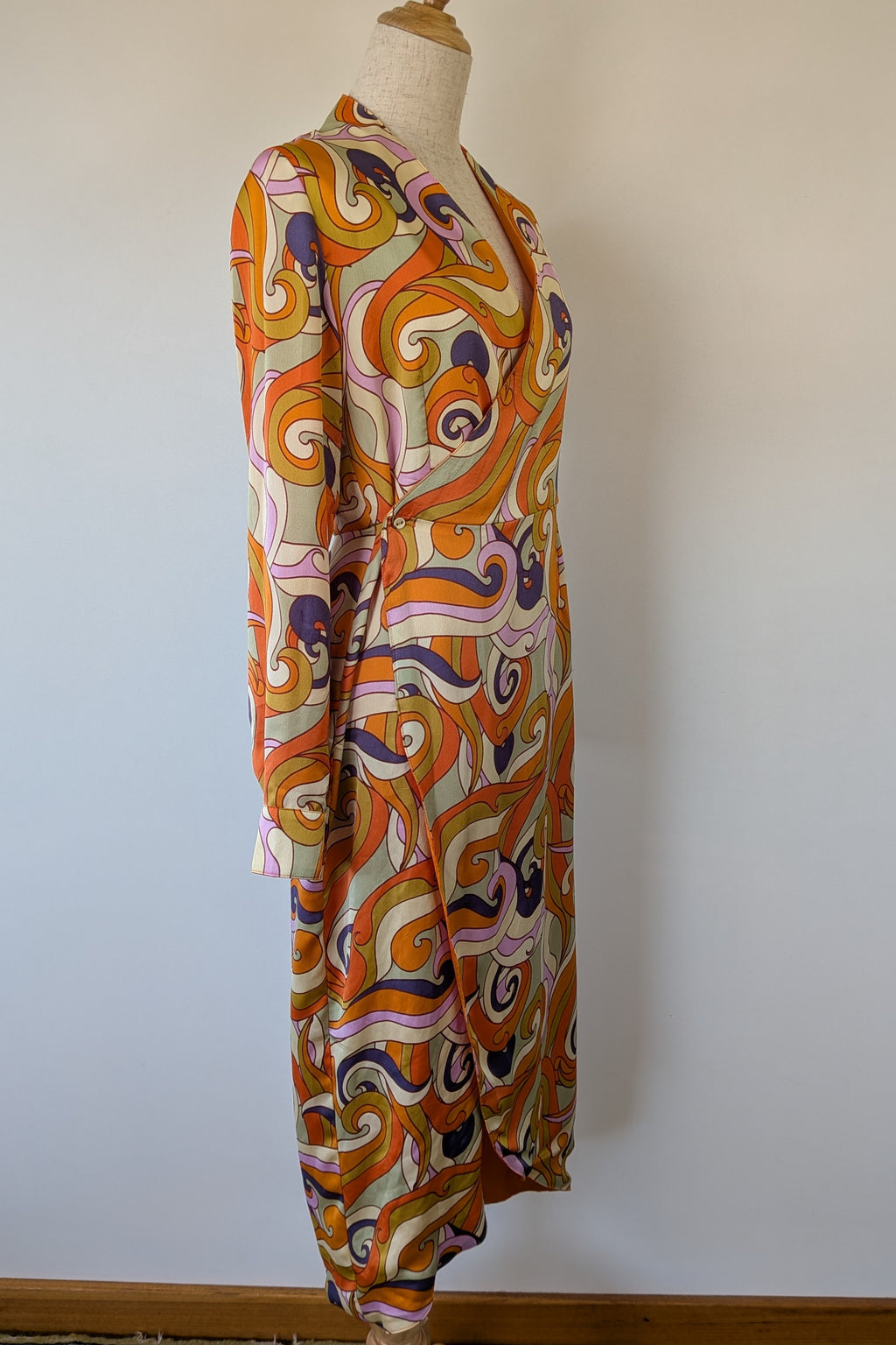 Never Fully Dressed Retro Groove Orange Wrap Midi Dress Size S