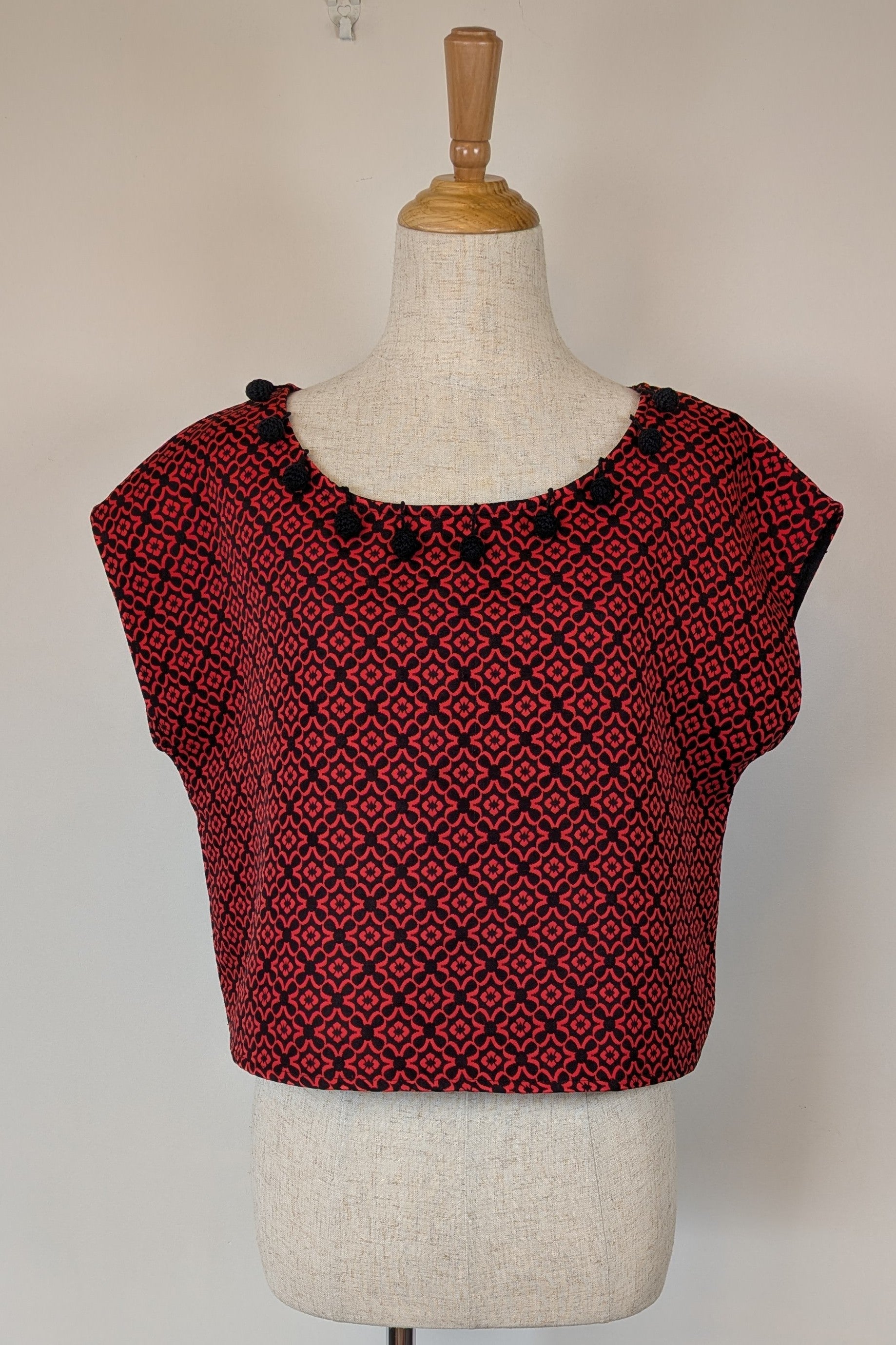 Revival Retro Red & Black Pom Pom Top Size 14