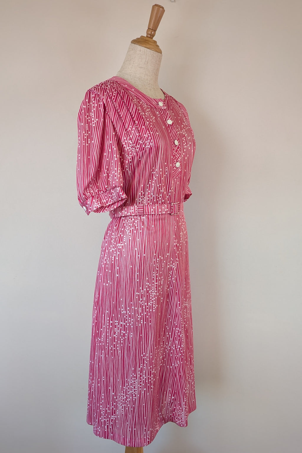 Vintage 80s Debra Fashions Melbourne Pink & White Abstract Pattern Shirtwaister Dress Size 10/12