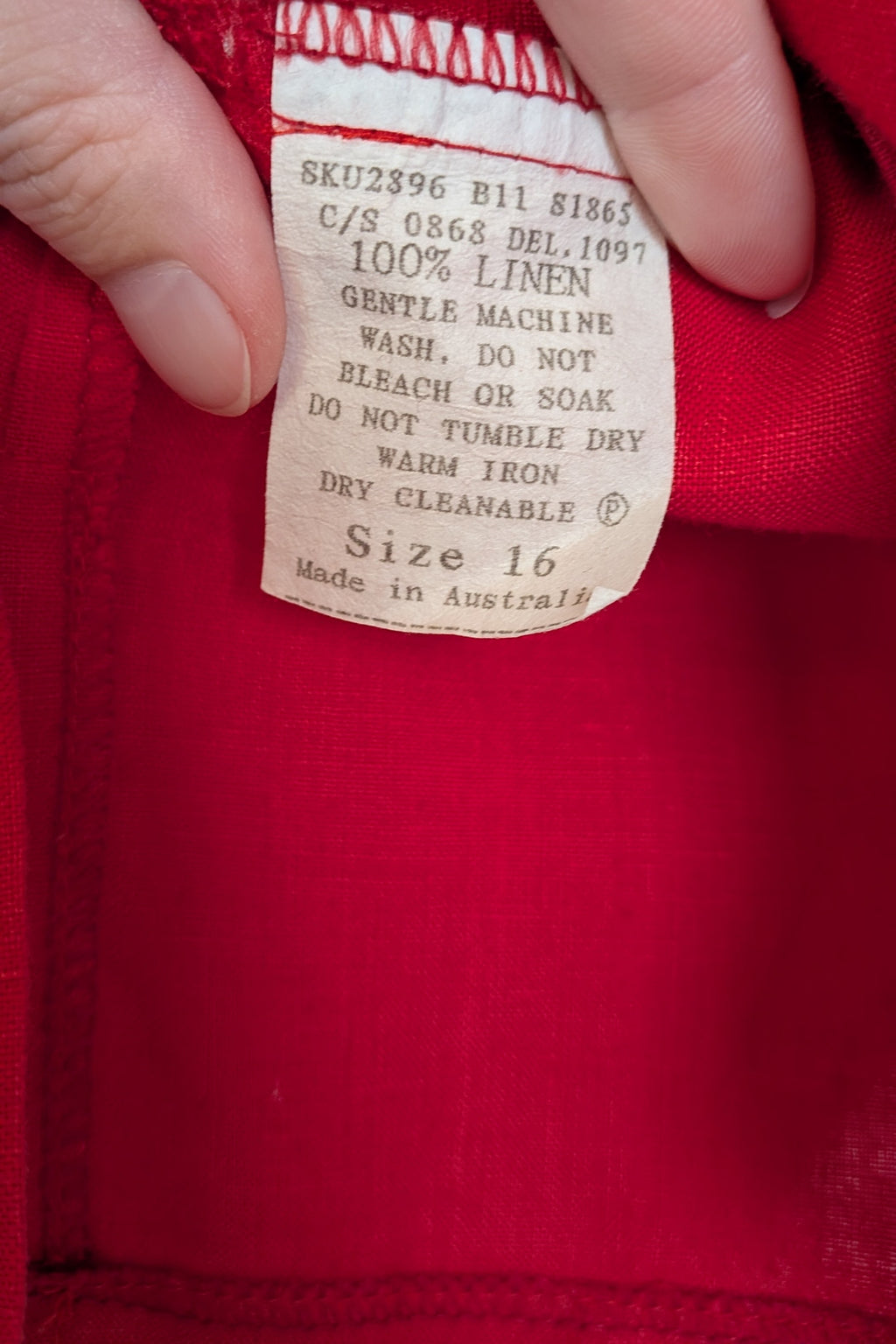 Vintage 90s Motto Red Sleeveless 100% Linen Shirt Size 16