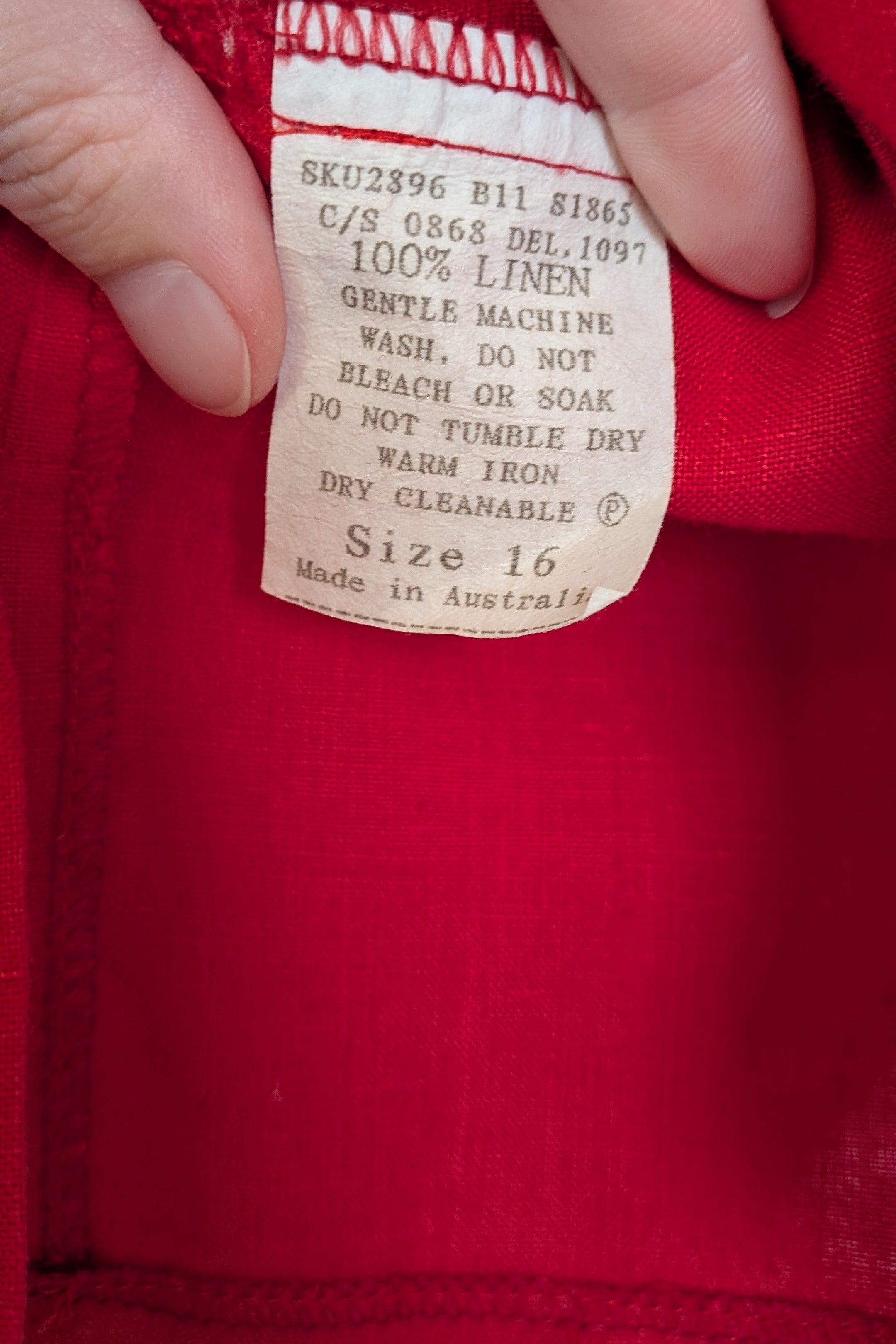Vintage 90s Motto Red Sleeveless 100% Linen Shirt Size 16