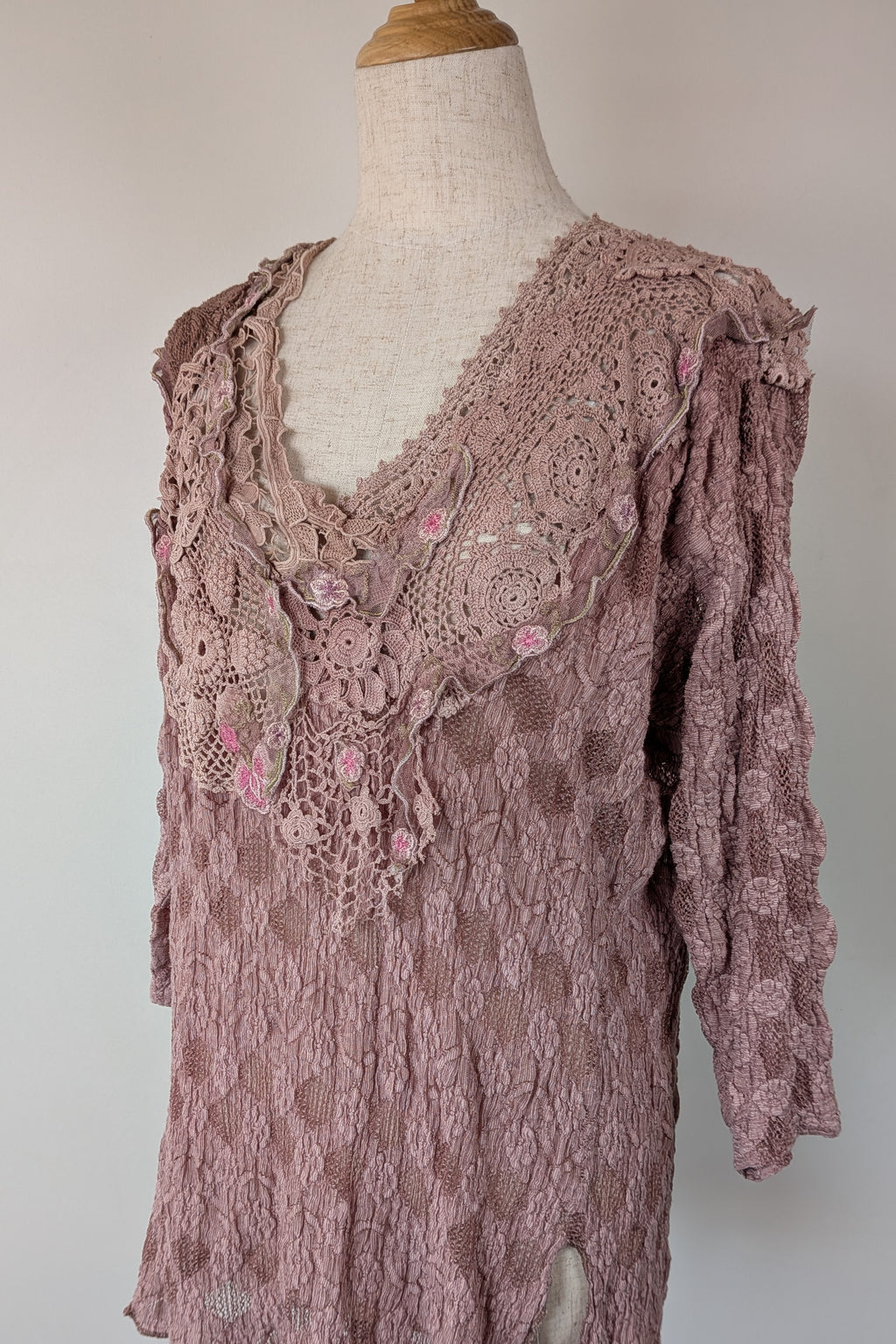 Lace Palace Antique Lace Crochet Pink Fairycore Tunic Top Size S/M