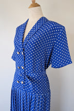 Vintage 80s Today's Classics Blue & White Polka Dot Pleated Tea Dress Size 12