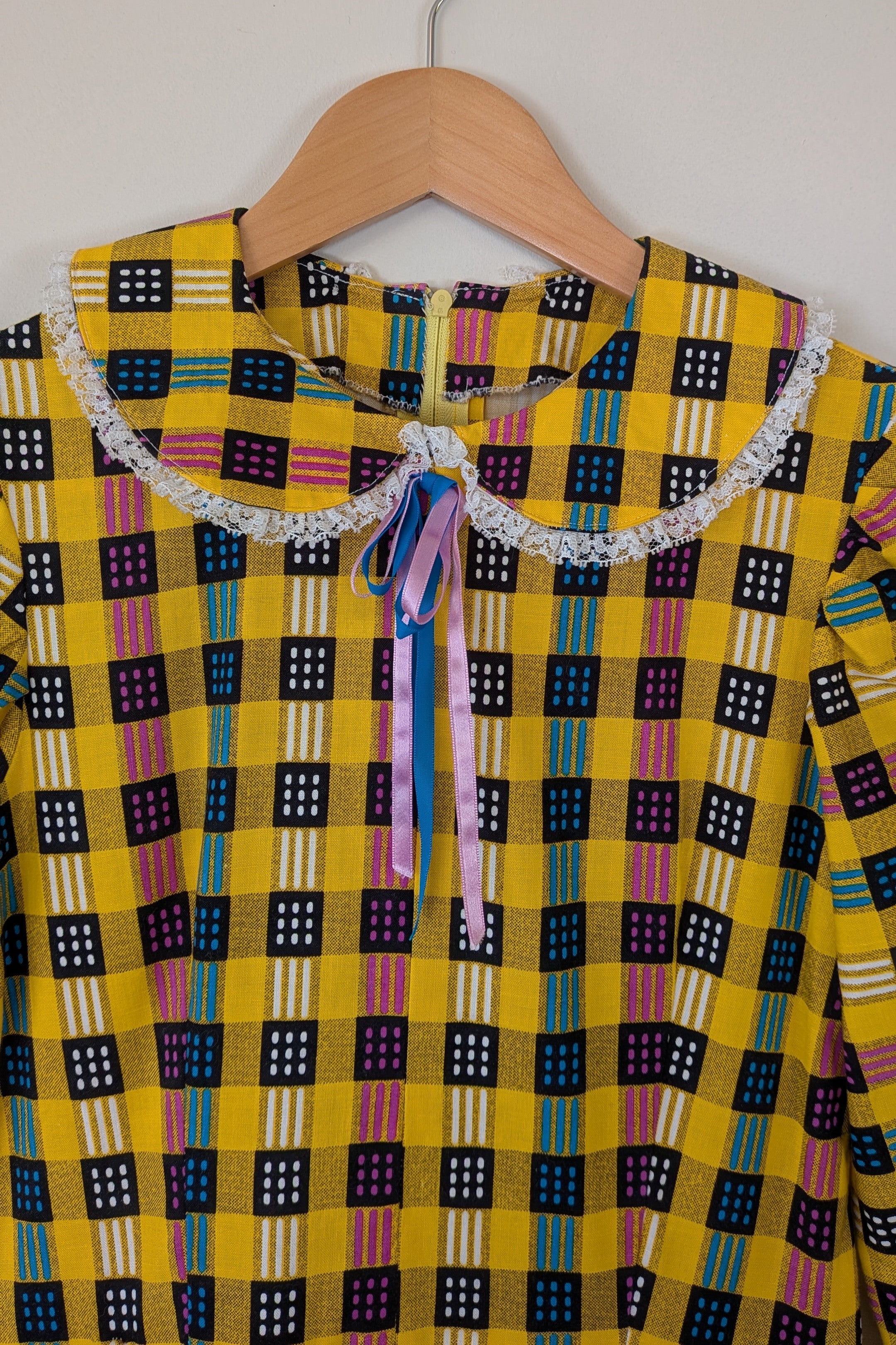 Vintage 70s Handmade Yellow Plaid Fit and Flare Midi Dress Size 4