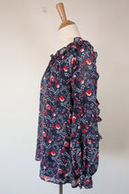 Liz Jordan Designer Collection Frill Trim Lurex Printed Top in Midnight Size 8 BNWT RRP $139.99