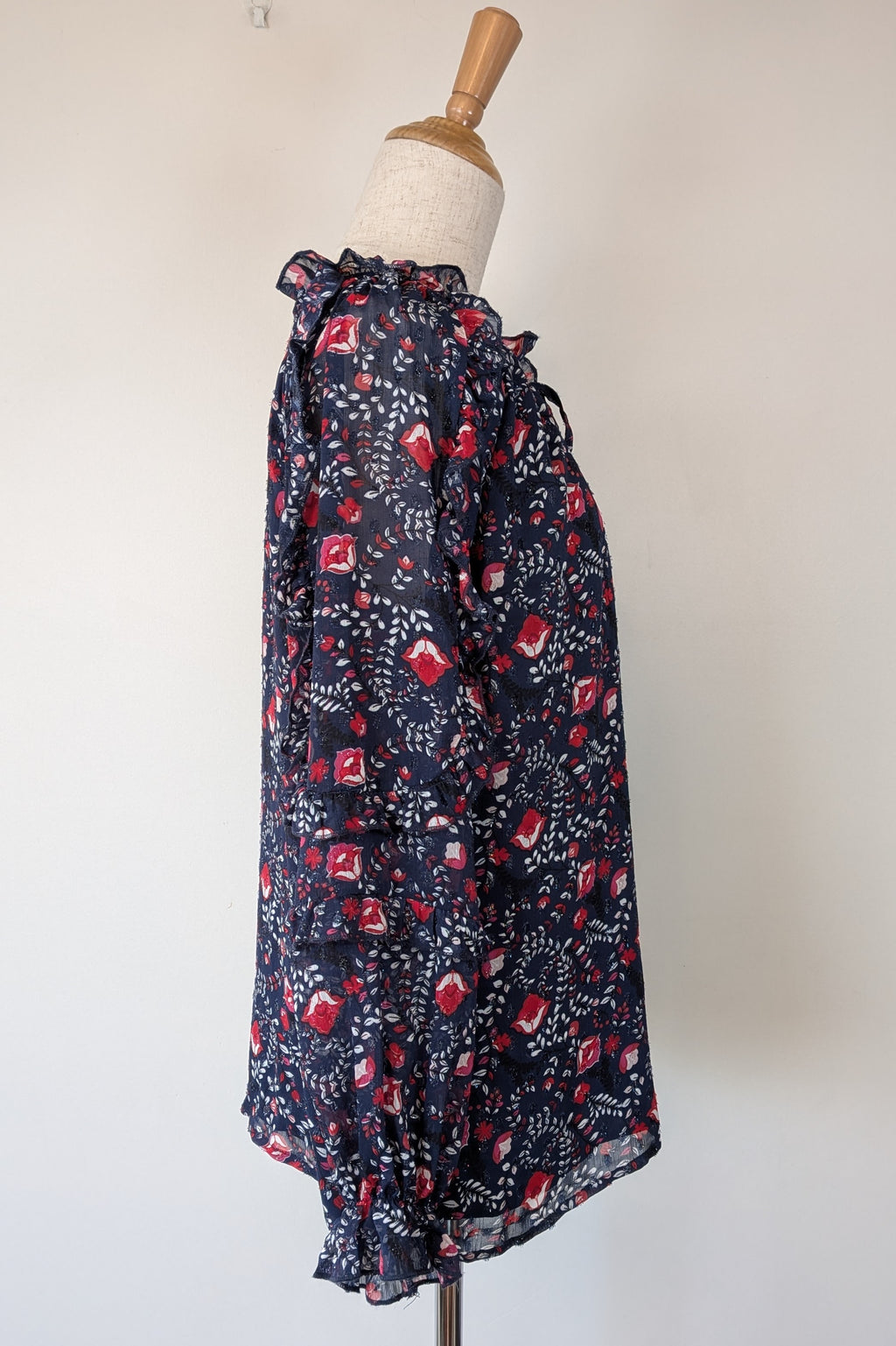 Liz Jordan Designer Collection Frill Trim Lurex Printed Top in Midnight Size 8 BNWT RRP $139.99