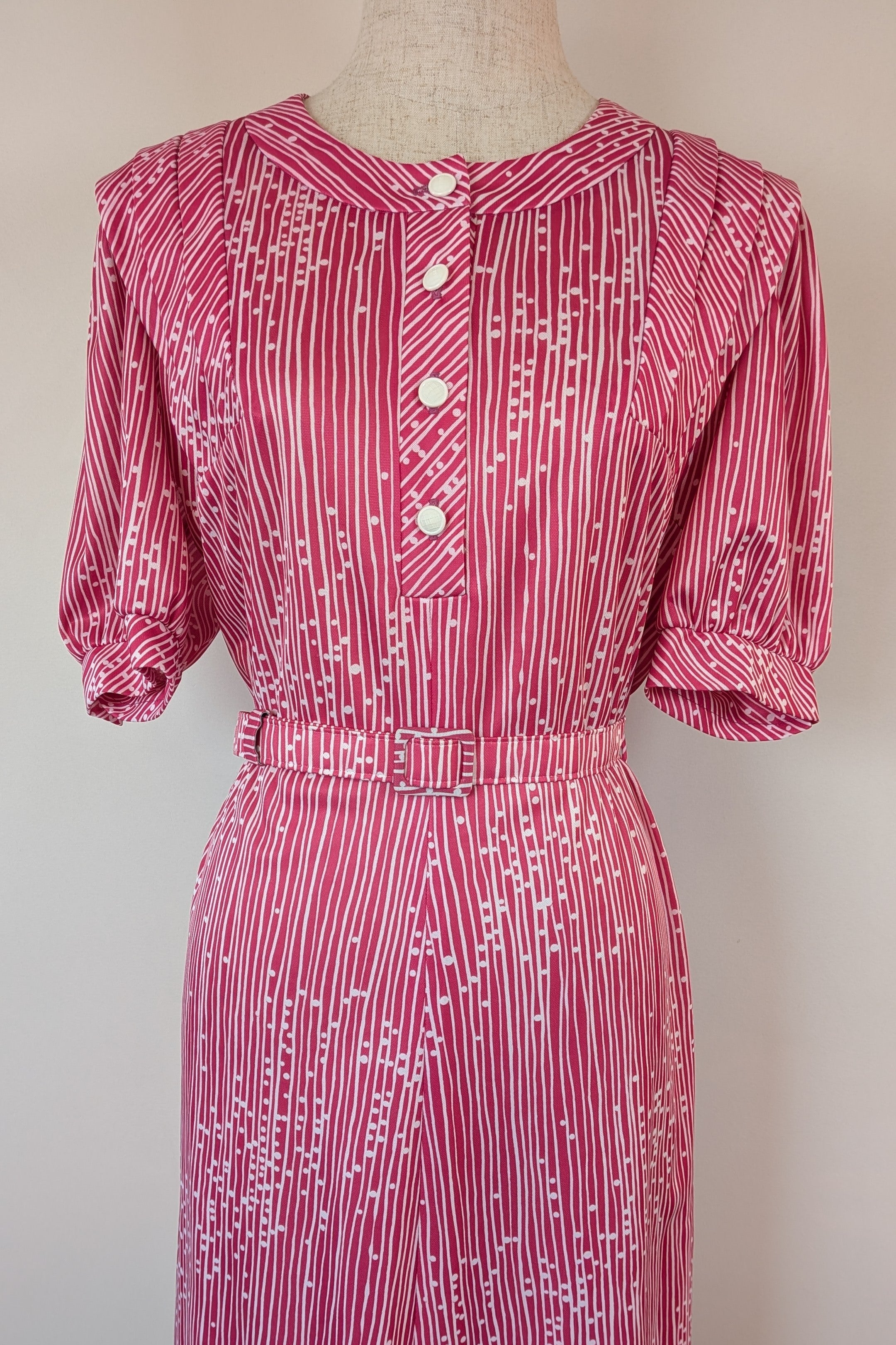 Vintage 80s Debra Fashions Melbourne Pink & White Abstract Pattern Shirtwaister Dress Size 10/12