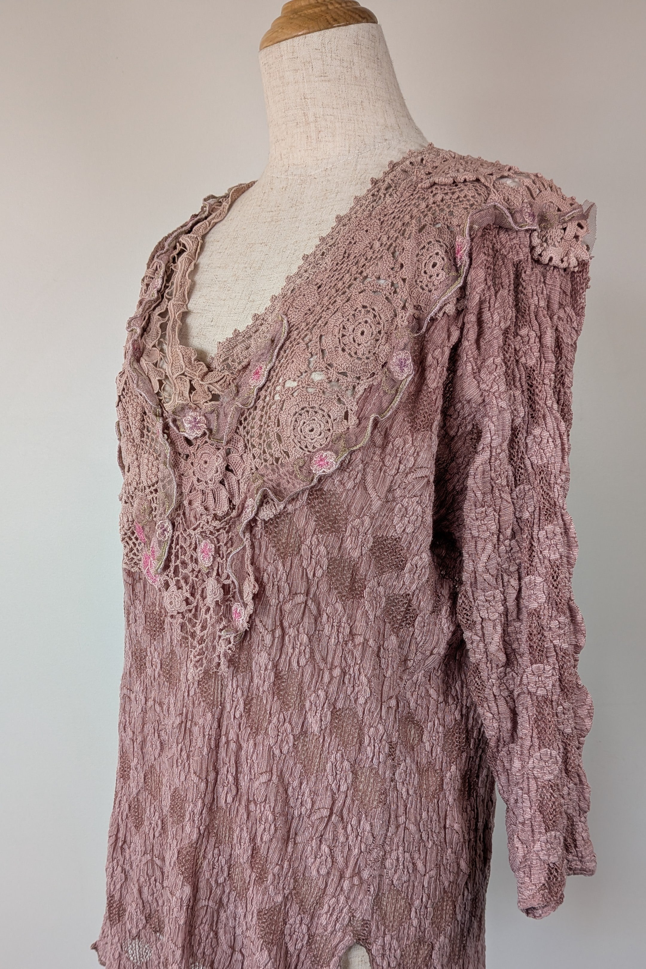 Lace Palace Antique Lace Crochet Pink Fairycore Tunic Top Size S/M